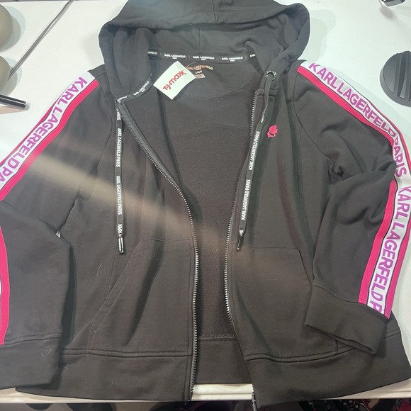 NWOT Karl Lagerfeld Hoodie Womens Large Performance Black Full Zip Long Sleeve - Picture 1 of 7